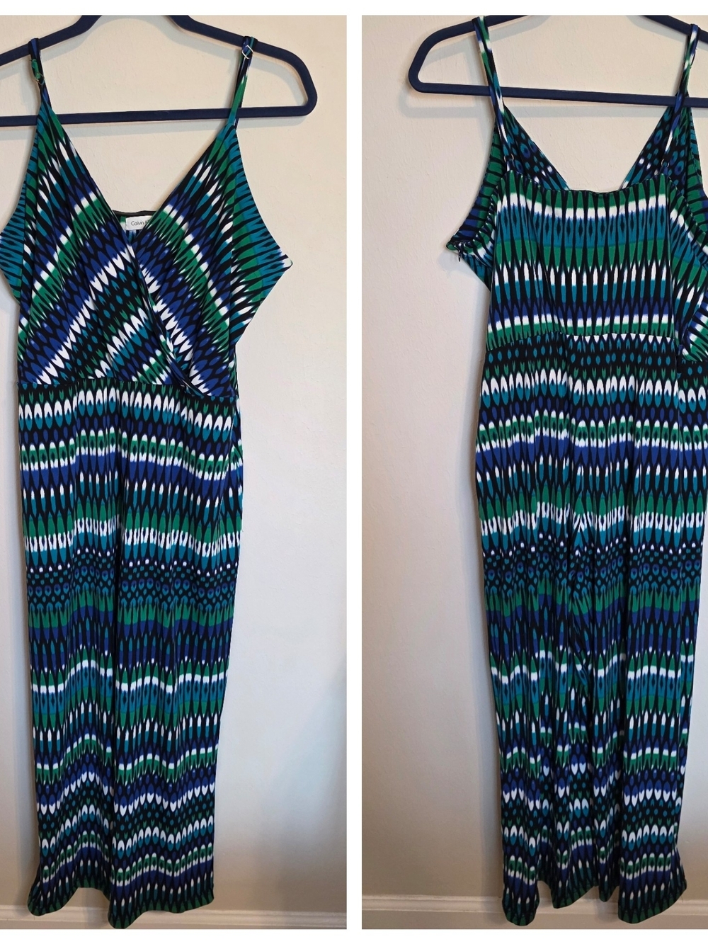 Calvin Klein Blue, Green & White Patterned Sleeveless Jumpsuit